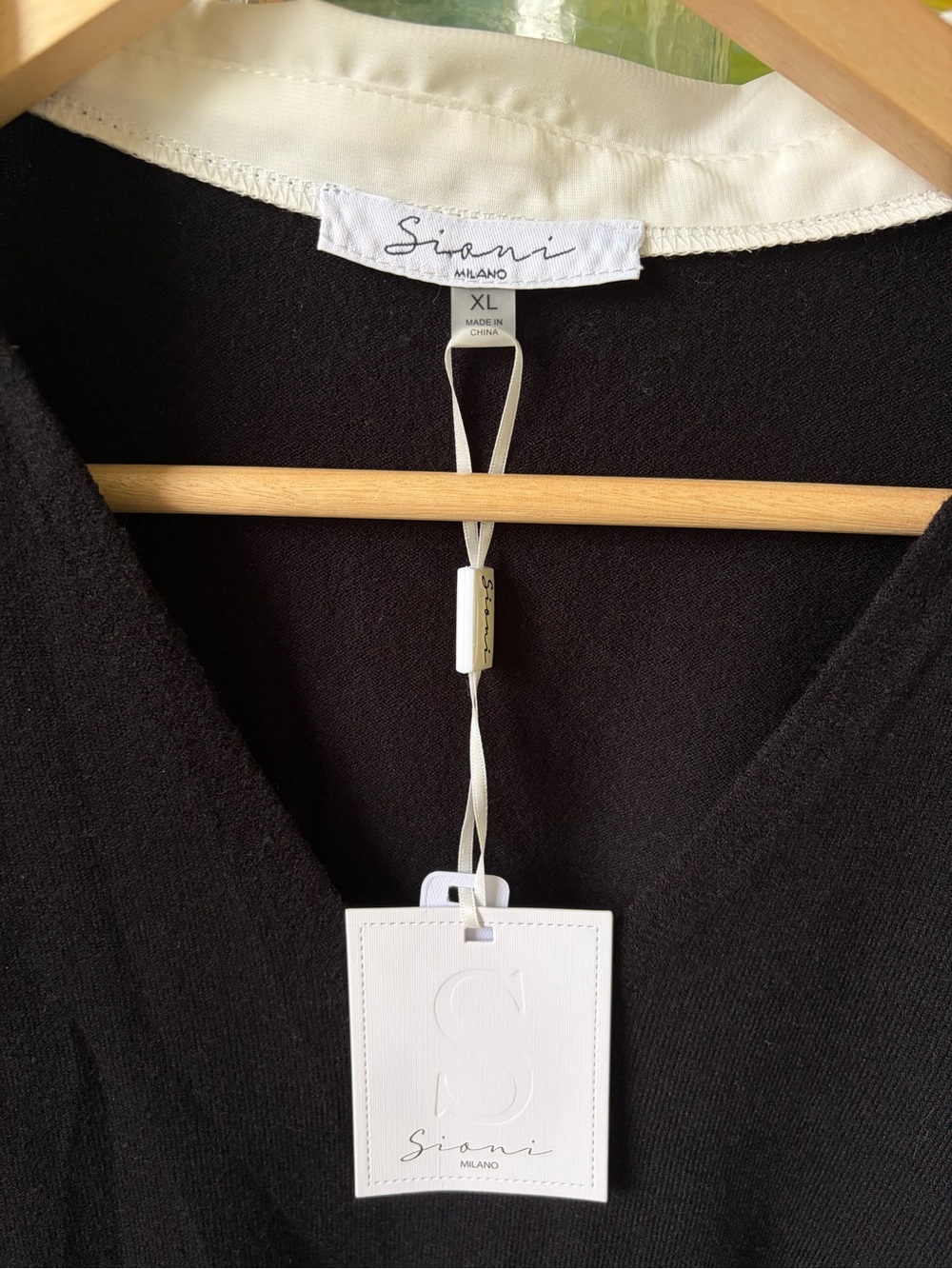 Sioni Black V‑Neck Sweater with White Collar & Sleeves-00B - Picture 4 of 6
